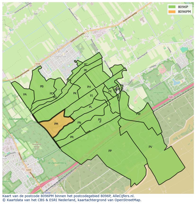 Afbeelding van het postcodegebied 8096 PM op de kaart.