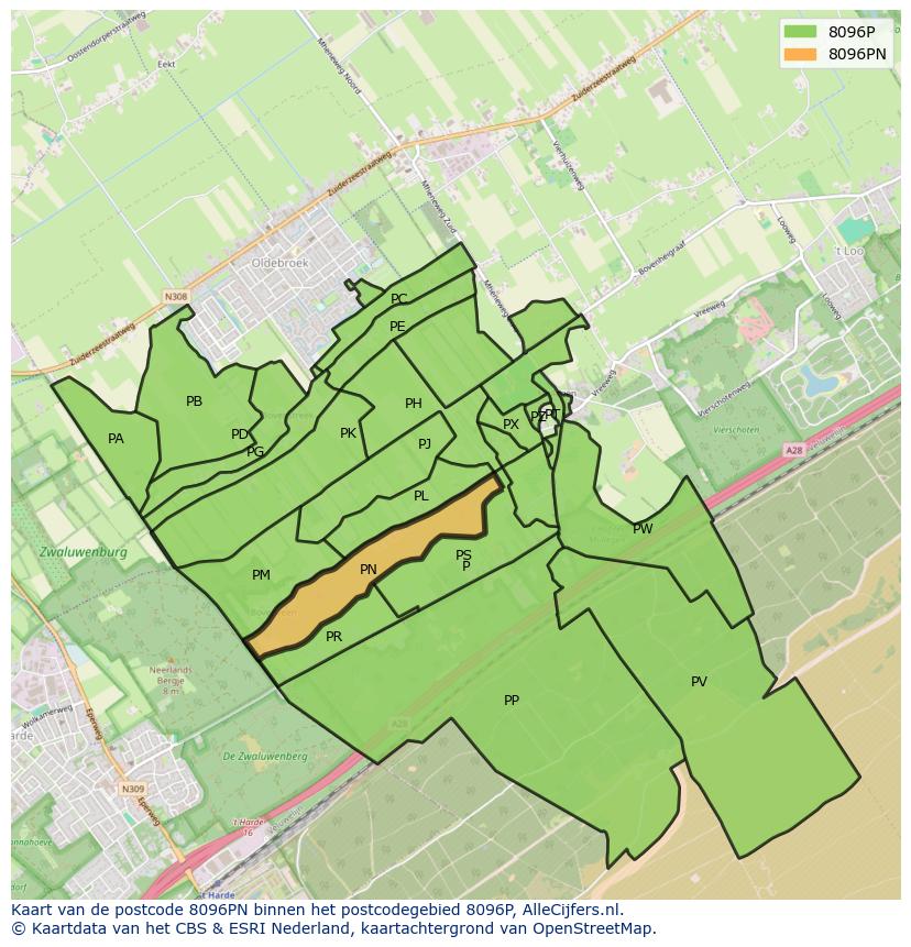 Afbeelding van het postcodegebied 8096 PN op de kaart.