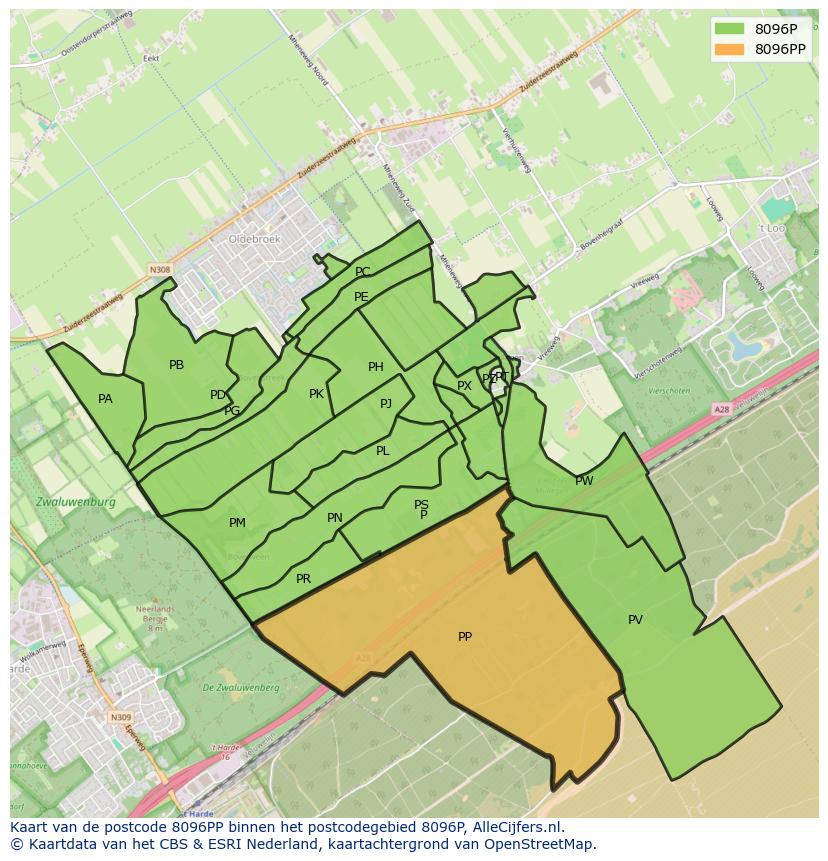 Afbeelding van het postcodegebied 8096 PP op de kaart.