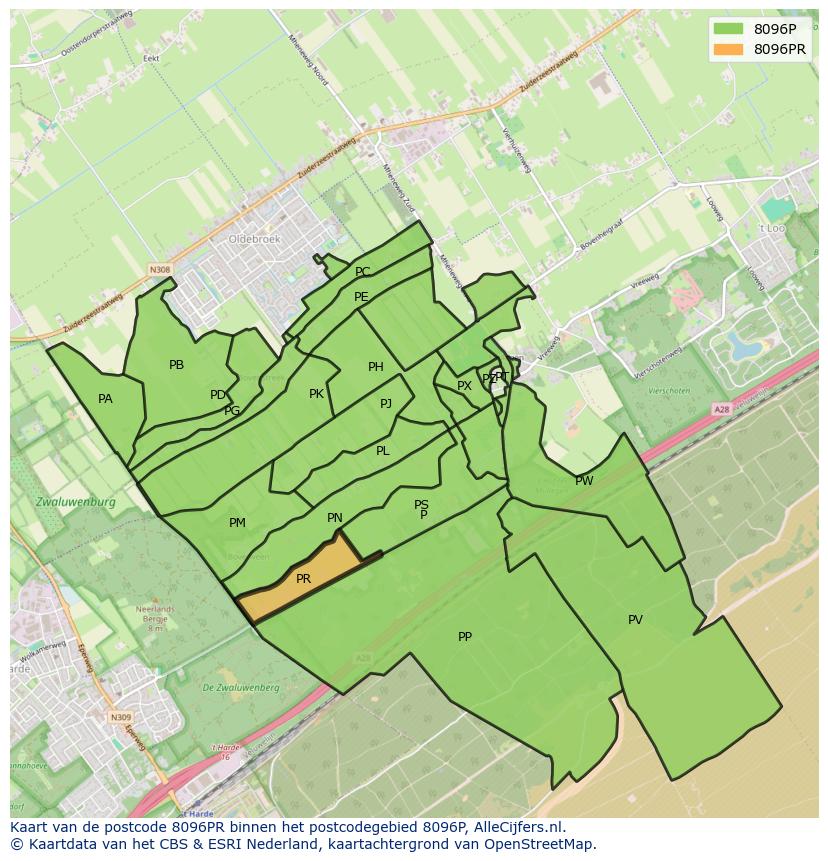Afbeelding van het postcodegebied 8096 PR op de kaart.