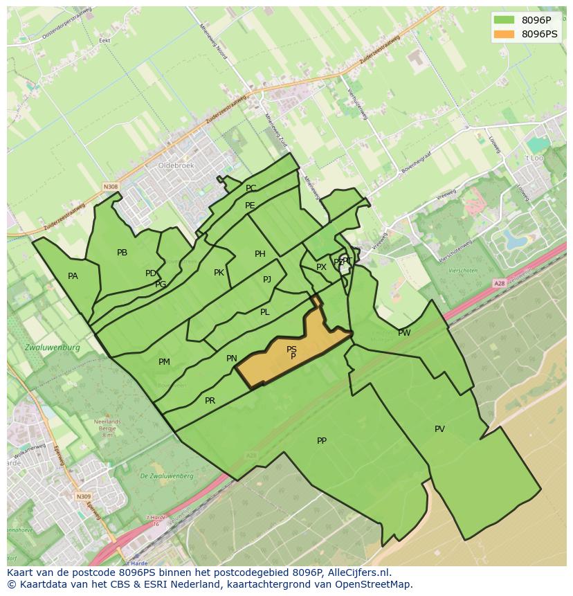 Afbeelding van het postcodegebied 8096 PS op de kaart.