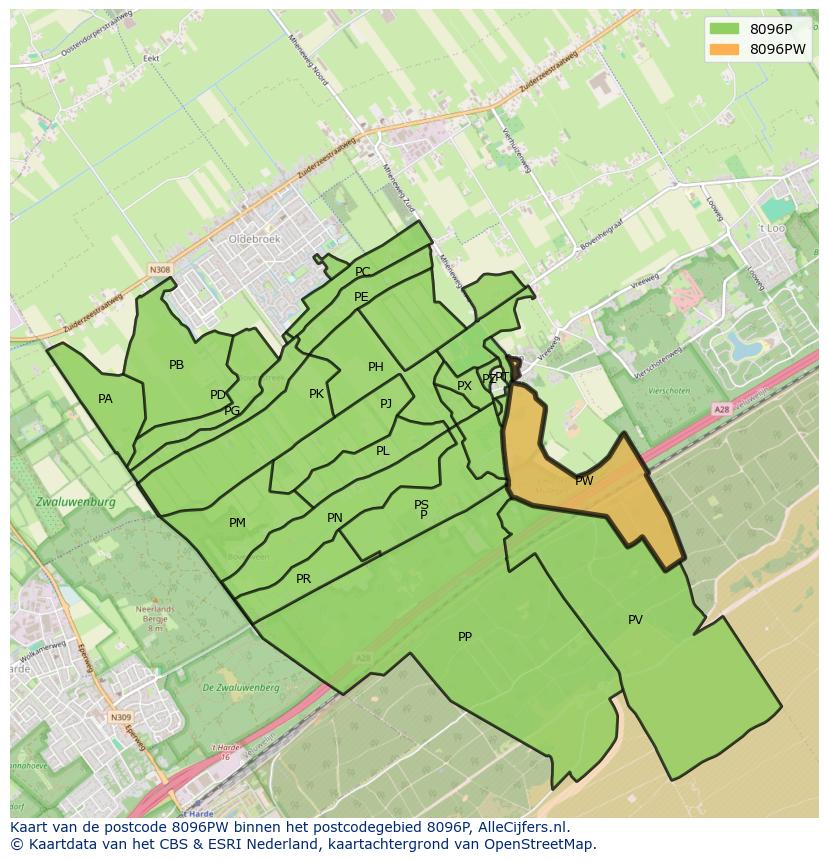 Afbeelding van het postcodegebied 8096 PW op de kaart.
