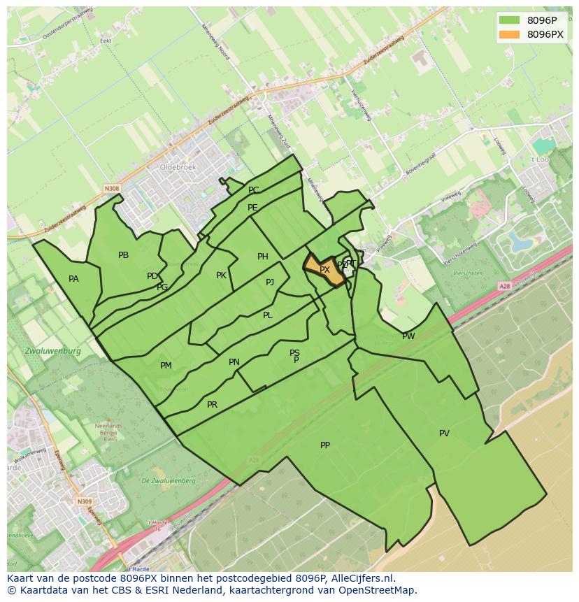 Afbeelding van het postcodegebied 8096 PX op de kaart.