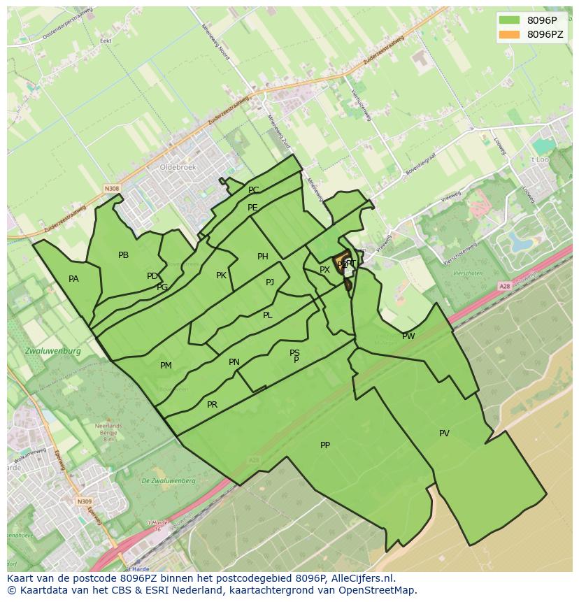 Afbeelding van het postcodegebied 8096 PZ op de kaart.