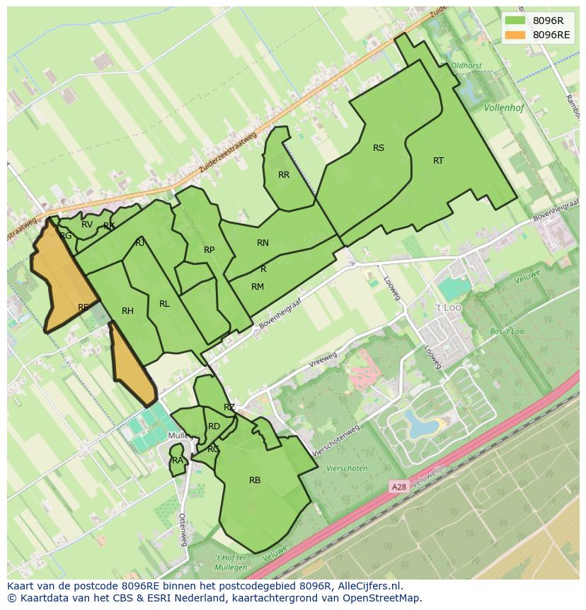 Afbeelding van het postcodegebied 8096 RE op de kaart.