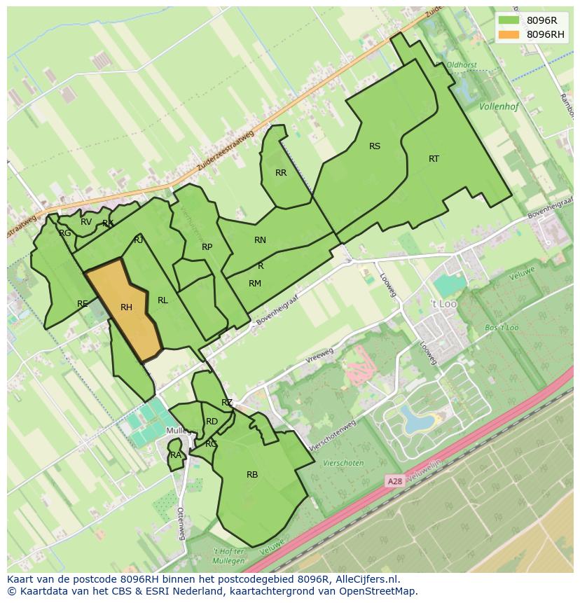 Afbeelding van het postcodegebied 8096 RH op de kaart.