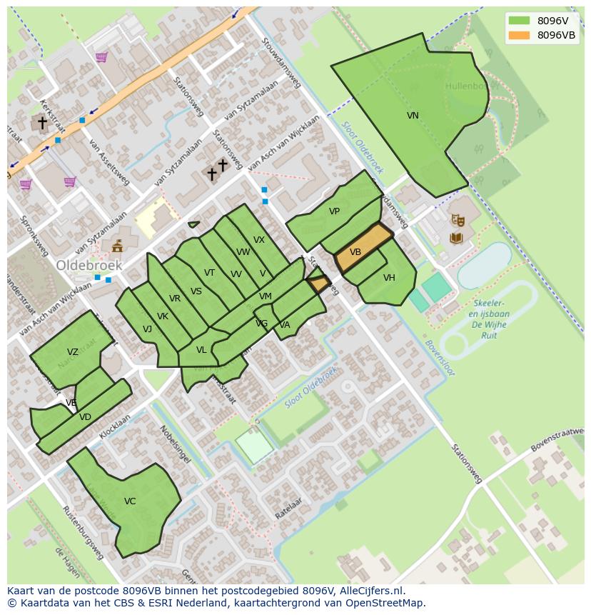 Afbeelding van het postcodegebied 8096 VB op de kaart.