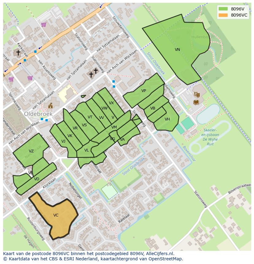 Afbeelding van het postcodegebied 8096 VC op de kaart.
