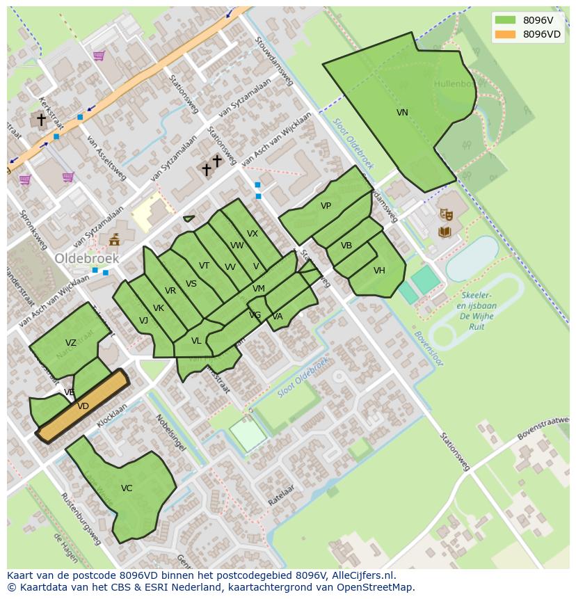 Afbeelding van het postcodegebied 8096 VD op de kaart.