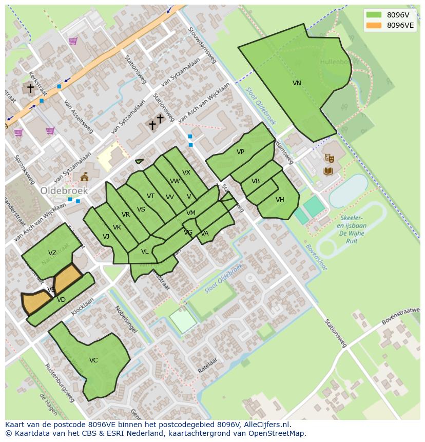 Afbeelding van het postcodegebied 8096 VE op de kaart.