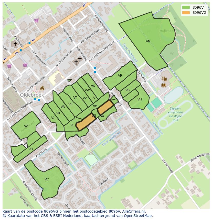 Afbeelding van het postcodegebied 8096 VG op de kaart.