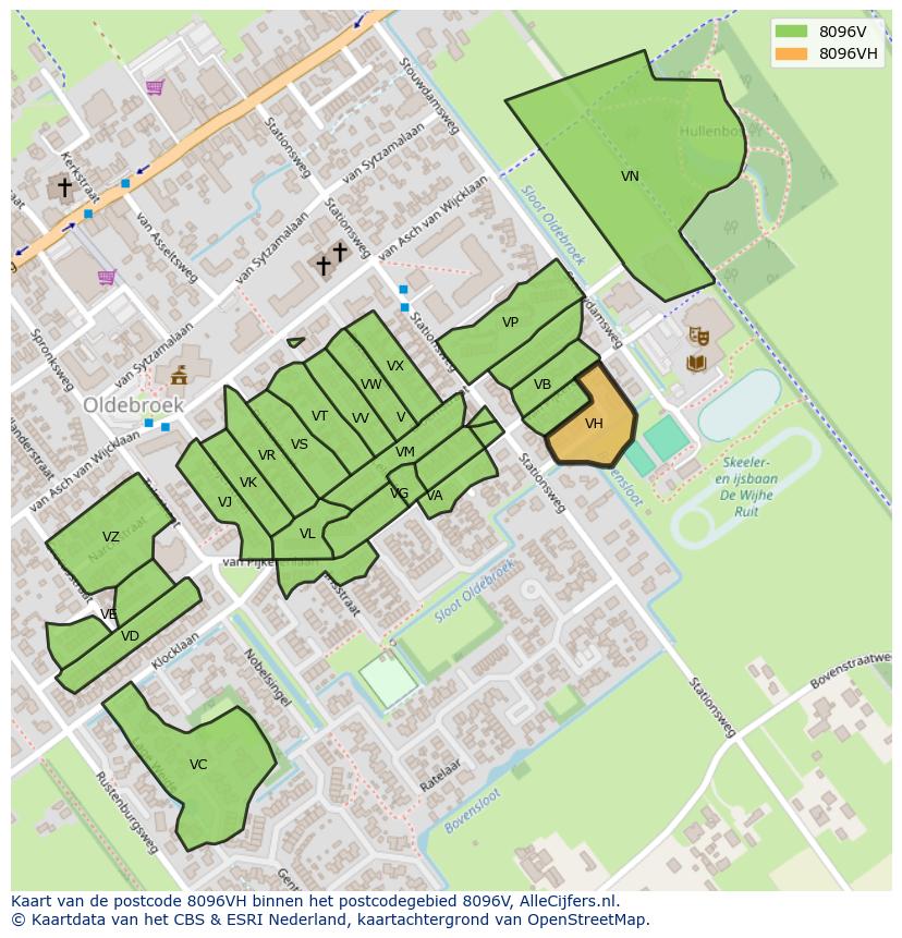 Afbeelding van het postcodegebied 8096 VH op de kaart.