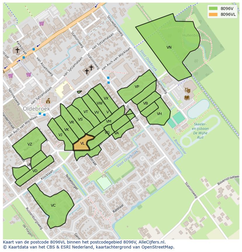 Afbeelding van het postcodegebied 8096 VL op de kaart.