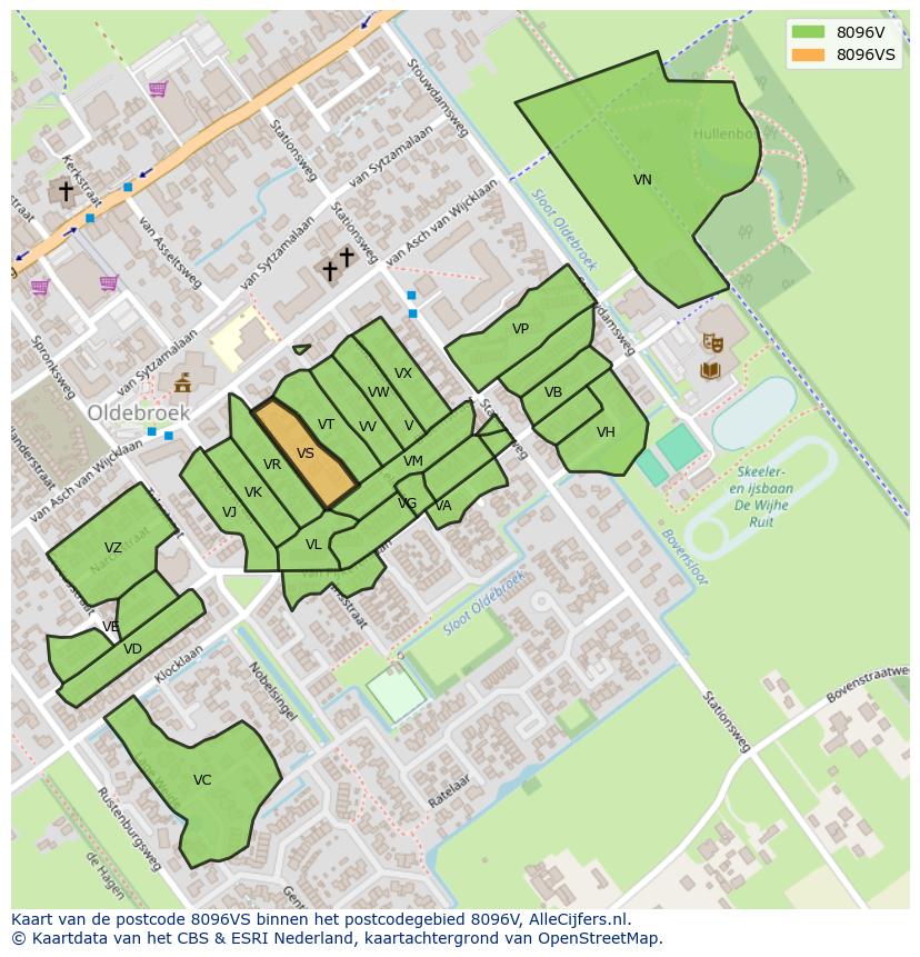 Afbeelding van het postcodegebied 8096 VS op de kaart.