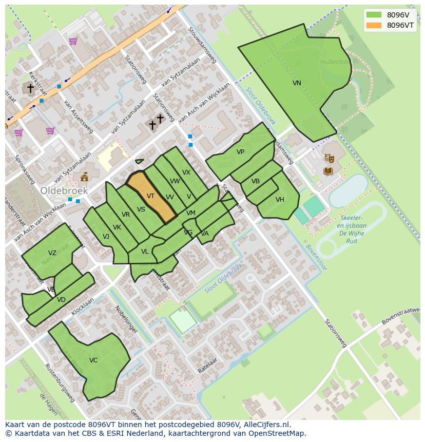 Afbeelding van het postcodegebied 8096 VT op de kaart.