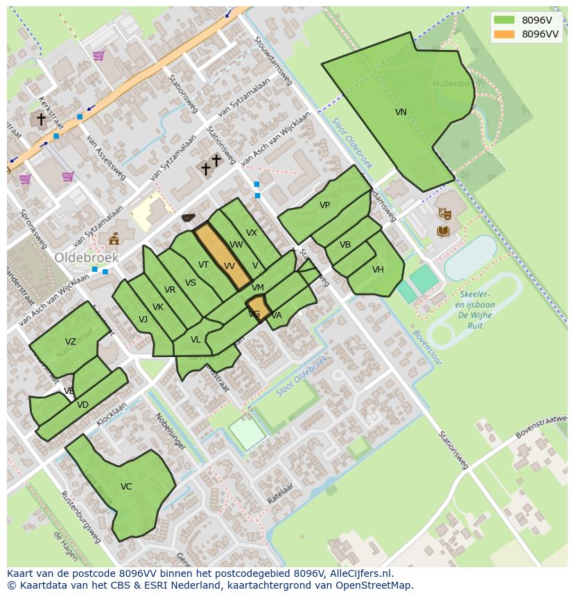 Afbeelding van het postcodegebied 8096 VV op de kaart.