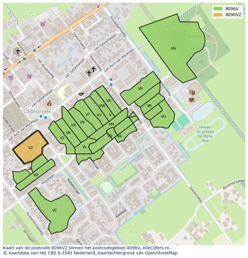 Afbeelding van het postcodegebied 8096 VZ op de kaart.