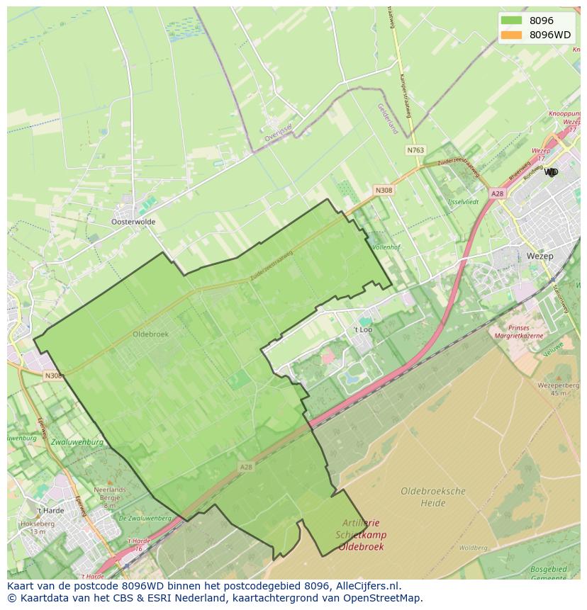 Afbeelding van het postcodegebied 8096 WD op de kaart.
