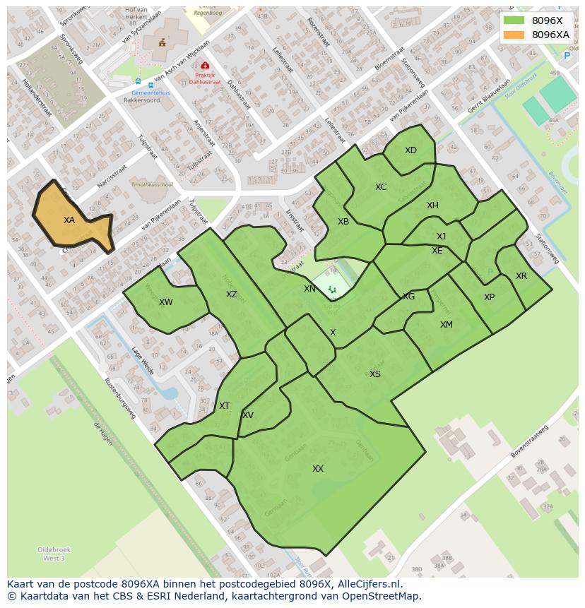 Afbeelding van het postcodegebied 8096 XA op de kaart.