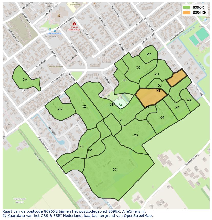 Afbeelding van het postcodegebied 8096 XE op de kaart.