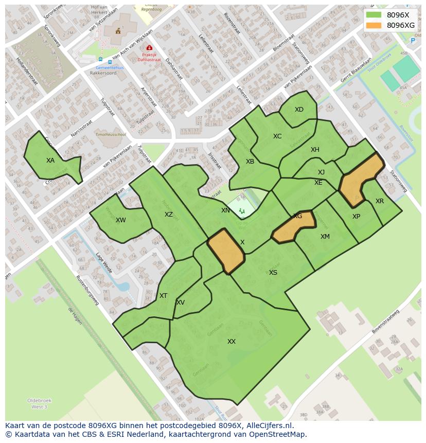 Afbeelding van het postcodegebied 8096 XG op de kaart.