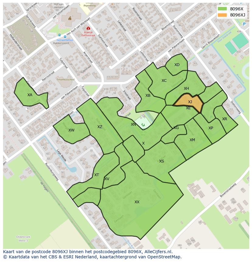 Afbeelding van het postcodegebied 8096 XJ op de kaart.