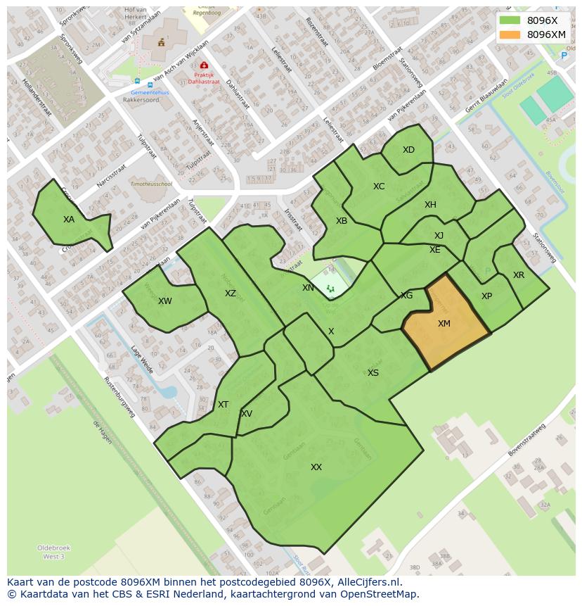 Afbeelding van het postcodegebied 8096 XM op de kaart.