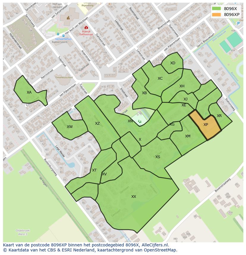 Afbeelding van het postcodegebied 8096 XP op de kaart.