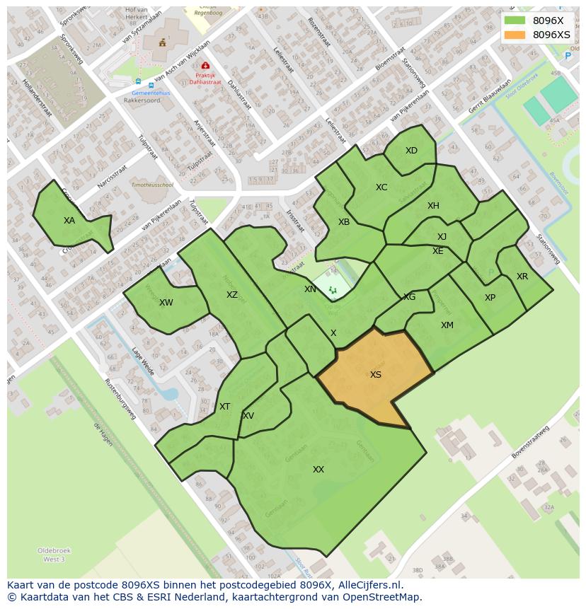 Afbeelding van het postcodegebied 8096 XS op de kaart.