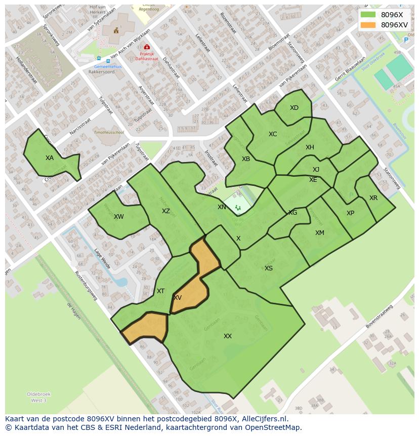 Afbeelding van het postcodegebied 8096 XV op de kaart.