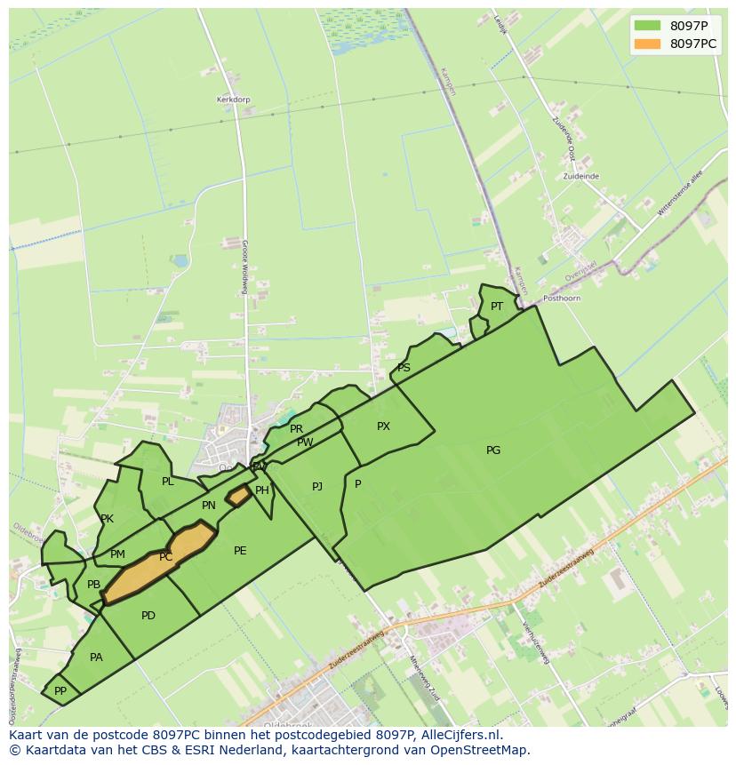 Afbeelding van het postcodegebied 8097 PC op de kaart.