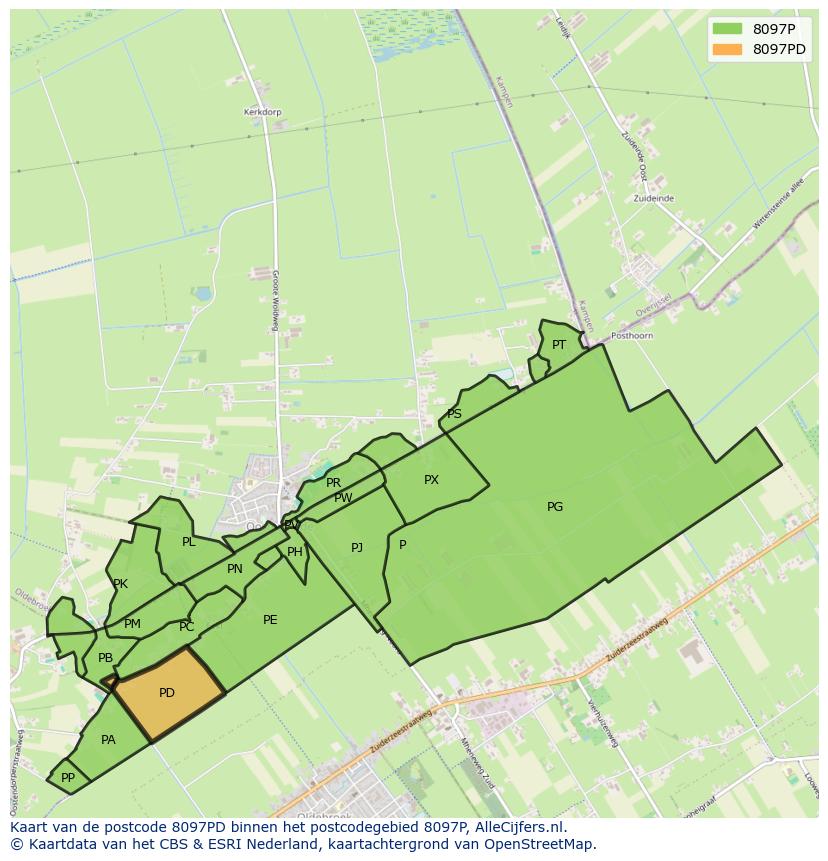 Afbeelding van het postcodegebied 8097 PD op de kaart.