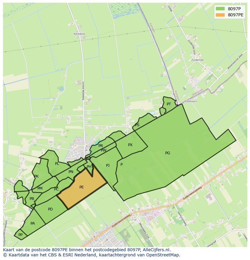 Afbeelding van het postcodegebied 8097 PE op de kaart.