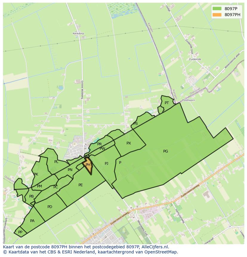 Afbeelding van het postcodegebied 8097 PH op de kaart.