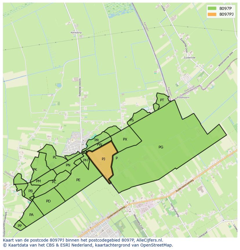 Afbeelding van het postcodegebied 8097 PJ op de kaart.