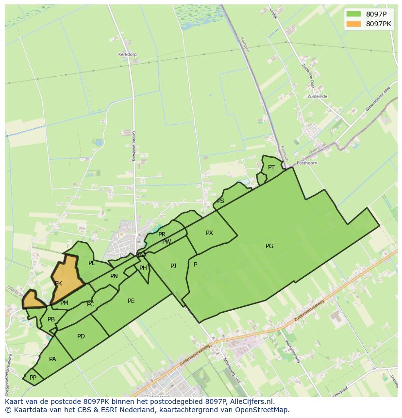 Afbeelding van het postcodegebied 8097 PK op de kaart.