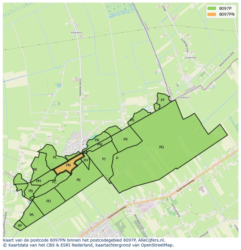 Afbeelding van het postcodegebied 8097 PN op de kaart.