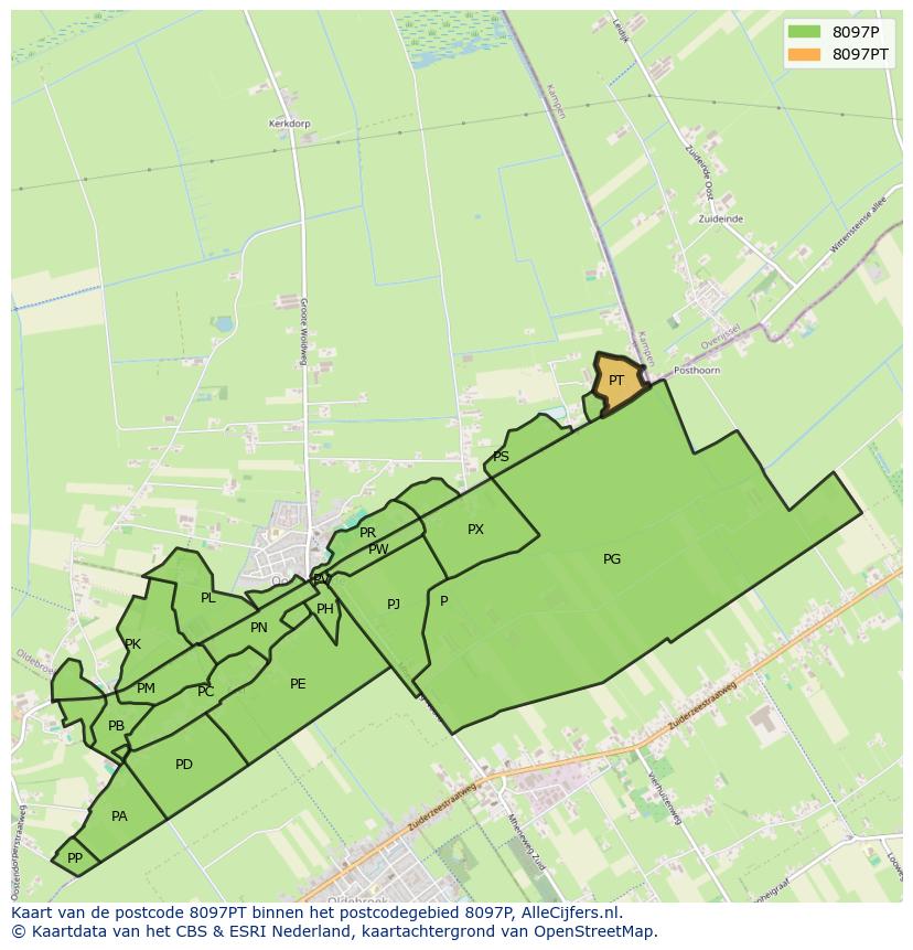 Afbeelding van het postcodegebied 8097 PT op de kaart.