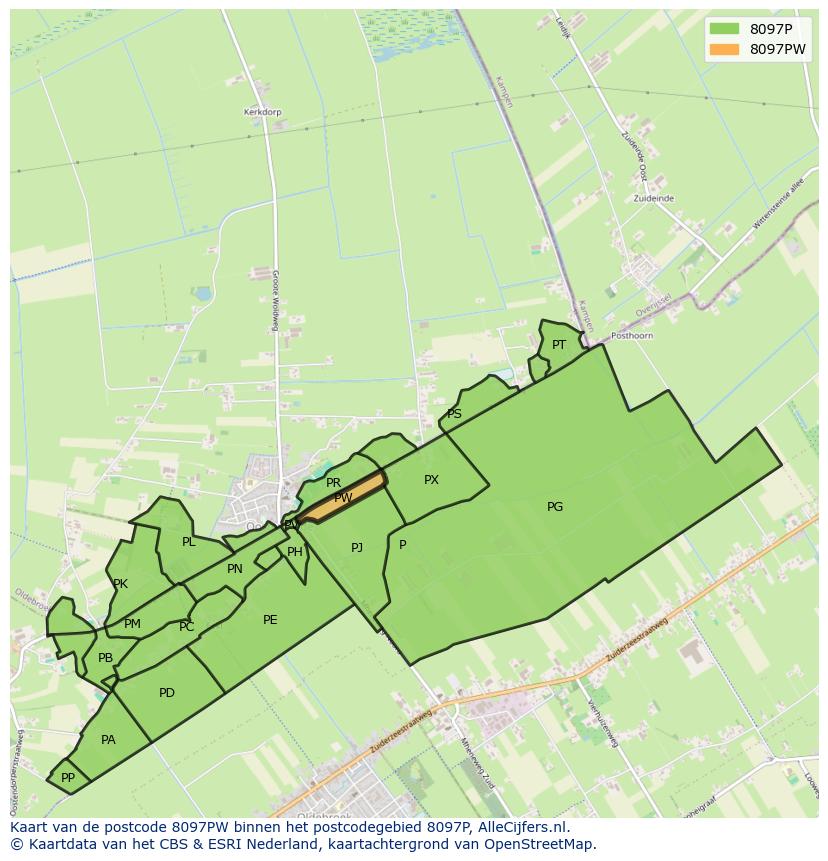 Afbeelding van het postcodegebied 8097 PW op de kaart.