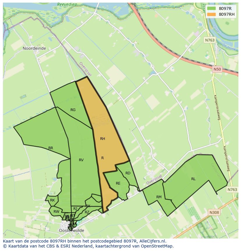 Afbeelding van het postcodegebied 8097 RH op de kaart.
