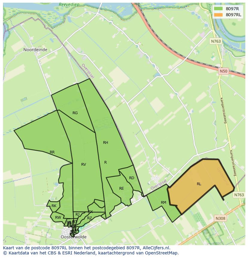 Afbeelding van het postcodegebied 8097 RL op de kaart.