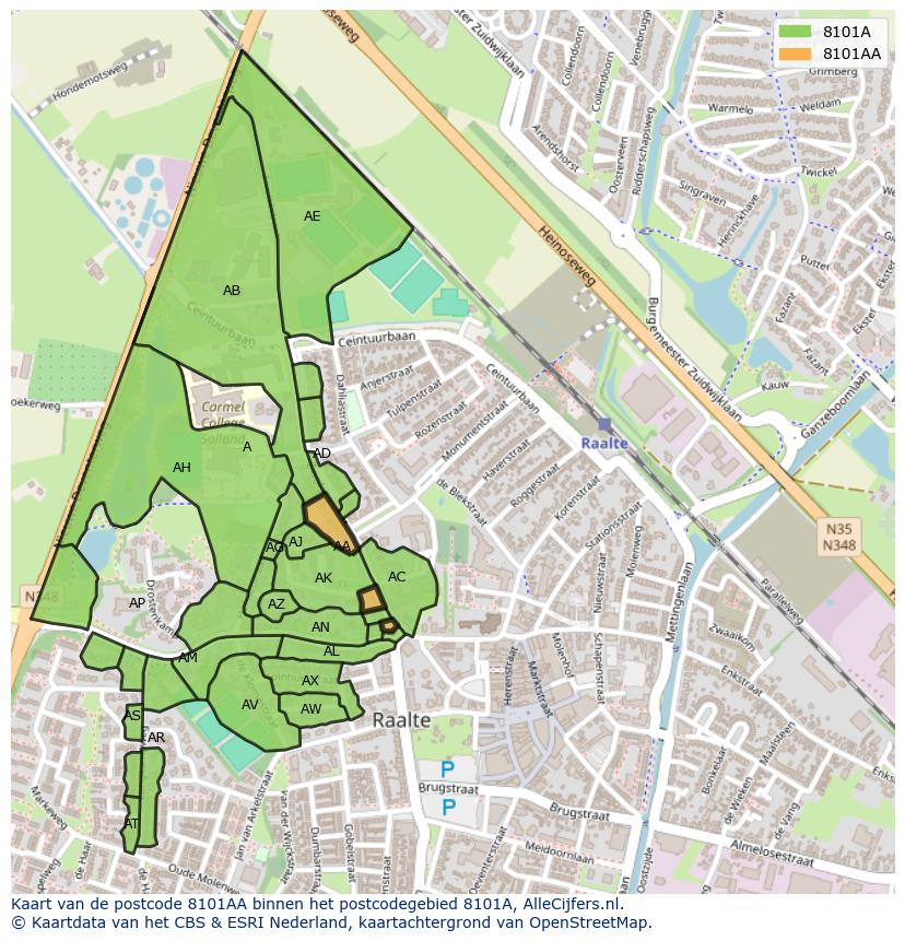 Afbeelding van het postcodegebied 8101 AA op de kaart.