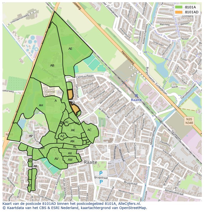 Afbeelding van het postcodegebied 8101 AD op de kaart.