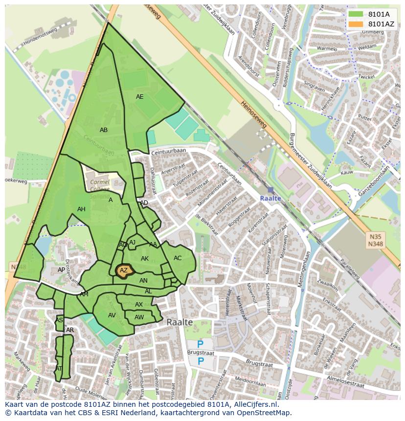 Afbeelding van het postcodegebied 8101 AZ op de kaart.