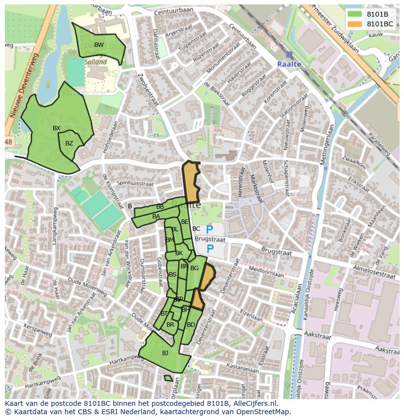 Afbeelding van het postcodegebied 8101 BC op de kaart.