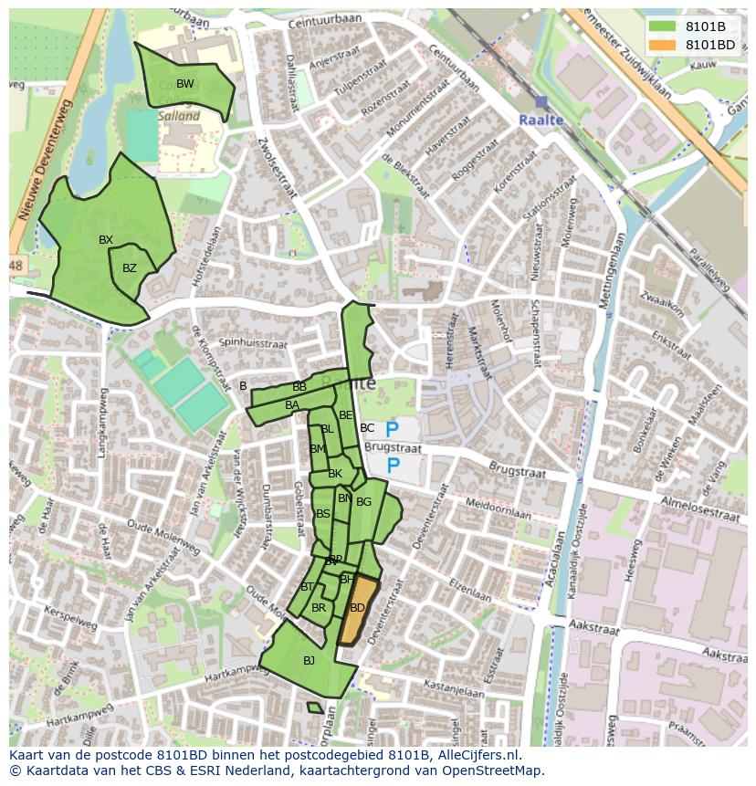 Afbeelding van het postcodegebied 8101 BD op de kaart.
