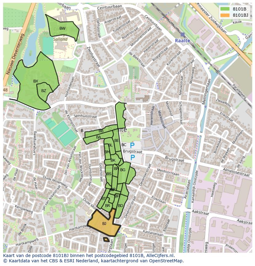 Afbeelding van het postcodegebied 8101 BJ op de kaart.