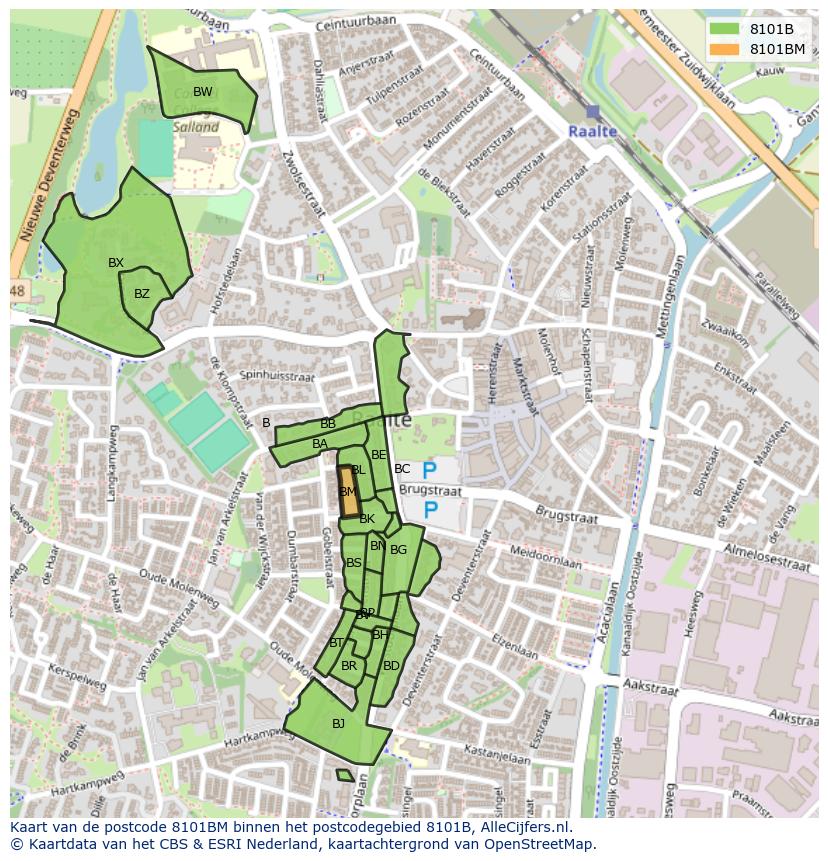Afbeelding van het postcodegebied 8101 BM op de kaart.