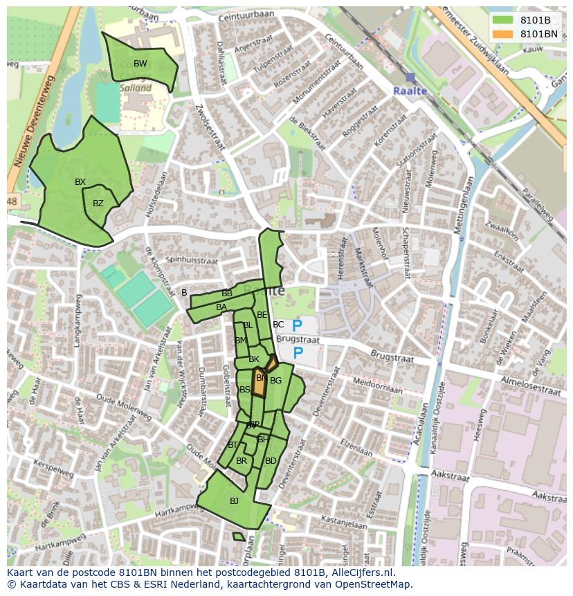 Afbeelding van het postcodegebied 8101 BN op de kaart.