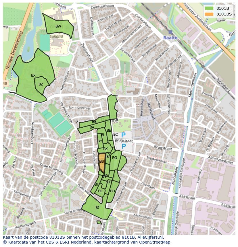 Afbeelding van het postcodegebied 8101 BS op de kaart.